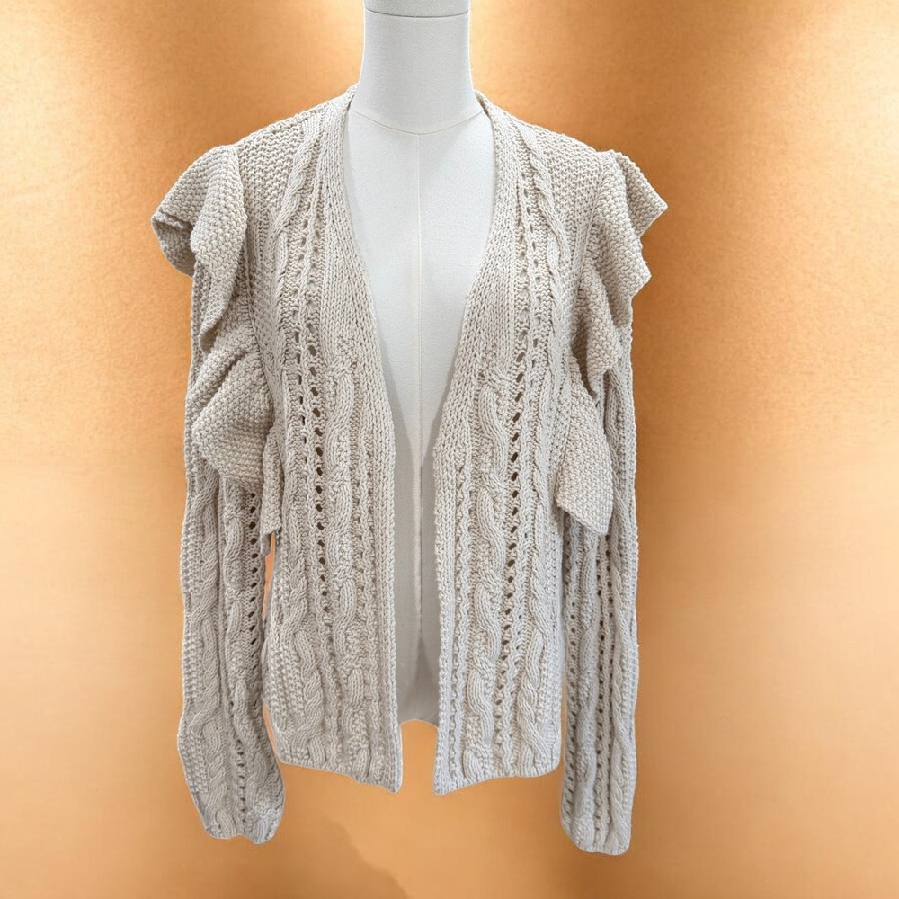 Universal Thread Cream Ruffle Shoulder Cable Knit Cardigan Boho Cottagecore SZ M